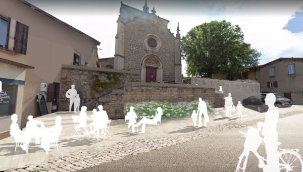 Vue parvis église Sainte-Croix rue de Bliesbruck